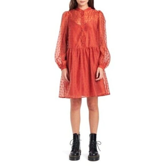 EN SAISON SIZE M EMBROIDERED DOT LONG SLEEVE BABYDOLL MINIDRESS IN RUST - Picture 1 of 11
